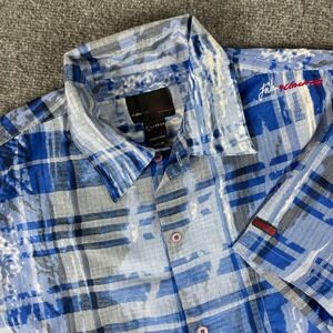 FUBU The‎ Collection Shirt Large Blue Button Up Plaid Short Sleeve 90s Men's